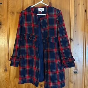Jack by BB Dakota | Red & Blue Plaid Swag Out Ruffle Trench Coat Size Small
